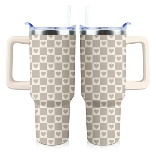 Checkered Heart Tumbler 40 oz Tumbler with Handle and Straw Lid - color: Checkered Heart