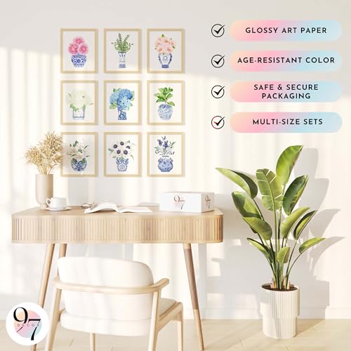 97 Decor Chinoiserie Wall Art, Blue White Ginger Jar, 9 Pcs 8x10 Unframed - color: Chinoiserie Poster