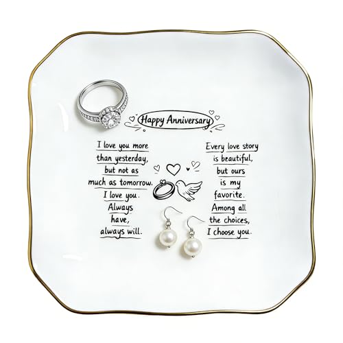 Anniversary Wedding Gift for Women, Jewelry Dish, Happy Anniversary Ceramic Ring Dish, Engagement Wedding Aniversario Gift for Her Wife Girlfriend, Trinket Tray for Earrings Necklaces - style: Happy Anniversary