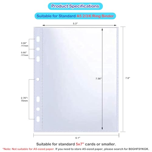 30 Pack 5x7 Card Sleeves Binder Sheets, 6/3 Ring A5 Binder Inserts, Ultra-Clear Double Sided 1 Pocket, Top Loading, Clear Plastic Sleeves for Photocard - size: 5" x 7"（1 Pocket）