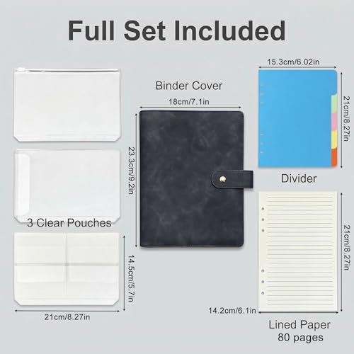 A5 6 Ring PU Leather Binder Notebook Refillable Planner Organizer, Budget Binder with Pockets Dividers Refill Paper for Office School Travel Diary (Black) - color: Black