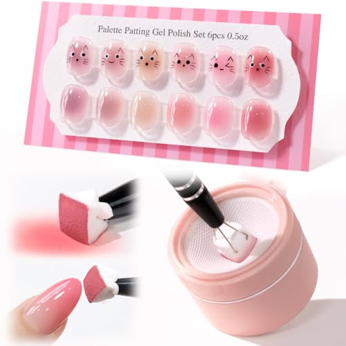 Double Rhythm Painting Gel Polish Set for Nail Art Palette Patting Gel Polish 6 Colors with 100 Pcs Sponges and Grabbing Pen (Nude Pink Purple Rose-T6-65) - color: Nude Pink Beige