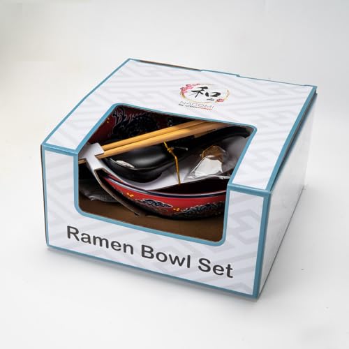 Urban Tokyo 24oz Large Ceramic Ramen Bowl Set with Chopsticks, Spoon & Bamboo Rest – Oriental Japanese Design, Microwave & Dishwasher Safe, Red Dragon - color: Red Dragon