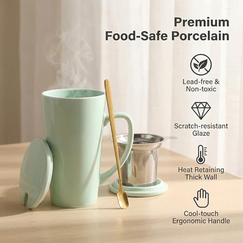 15 Ounce Porcelain Tea Mug with Infuser, Lid and Spoon, Loose Leaf Tea Cup (Mint Green) - color: Mint Green