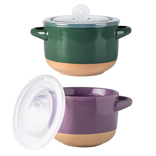 AmorArc 24 oz Soup Bowls with Lids, Ceramic Soup Containers with Handle - color: Green&Purple, size: Set of 2