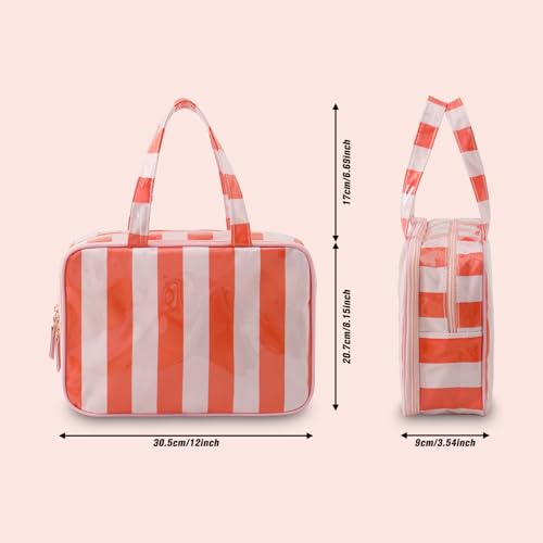 Toiletry Bag for Women, Pink and Orange Stripe - color: Pink-Orange