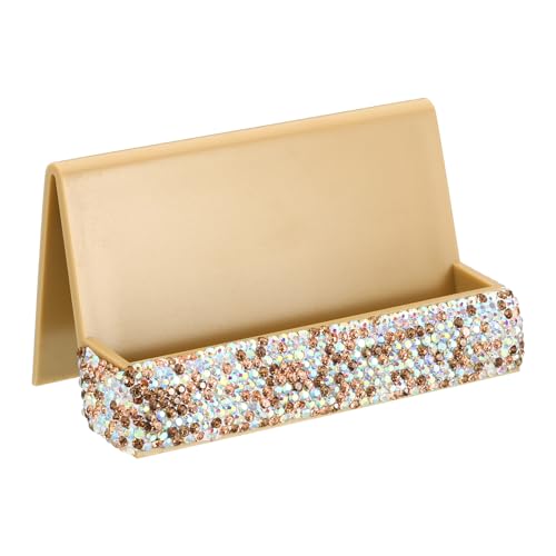 PATIKIL Business Card Holder for Desk, Rhinestone Business Card Holders Crystal Card Stand Organizer Cards Display for Office Exhibition, Gold Tone - color: Gold Tone