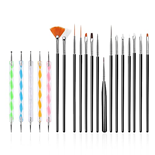 FULINJOY 20PCS Nail Art Design Tools, 15PCS Painting Brushes Set (Black) with 5PCS Dotting Pens