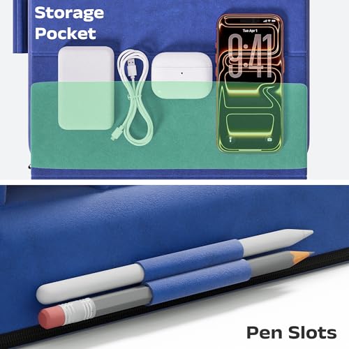 Tablet Pillow Stand, Multi-Angle Foldable iPad Holder for Bed, Sofa, Desk, Lap, Soft Pad Dock with Storage Pocket & Stylus Mount, for 4.7-13" Devices iPad,iPhone,E-Reader,Books (Blue) - color: Blue