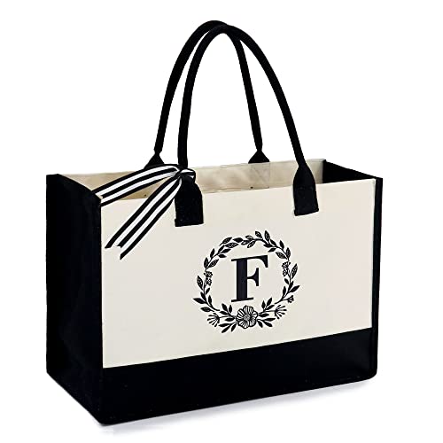 BeeGreen Embroidery Monogram Initial Tote Bag for Women Teacher Mom Friend Personalized Gift for Birthday Beach Work Wedding - color: Black With Natural, style: F
