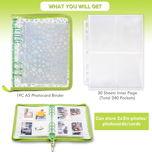 Kpop Photocard Binder Holder with 30 Pack 4-Pocket Inner Pages, A5 6 Ring Cover Album Book with Zipper for Organizing Trading Card (Green) - color: Green