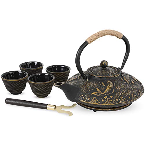 Ufine Koi Fish Cast Iron Teapot Set Stove Top 26 oz Tea Kettle with 4 Cups - color: Koi Fish