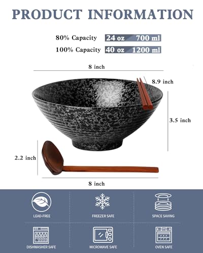 Kanwone Ceramic Japanese Ramen Bowl Set, Noodle Soup Bowls - 37 Ounce, with Matching Spoons and Chopsticks for Udon Soba Pho Asian Noodles, Set of 2, Black - color: Black, size: 8 Inch