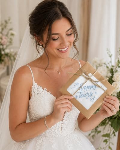 Happy Tears Handkerchief, White Embroidered Wedding Party Accessory Bridesmaid Gift Something Blue - style: Happy Tears Handkerchief
