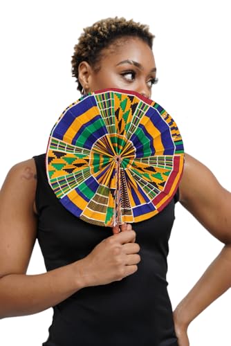 Kente African Print Foldable Hand Fan - color: Afiokuma