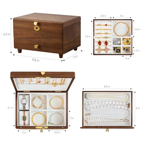Black Walnut Lockable Jewelry Box with Feet, 3 Layer Wooden Case for Women - color: 3 Layer Full Lock with Feet