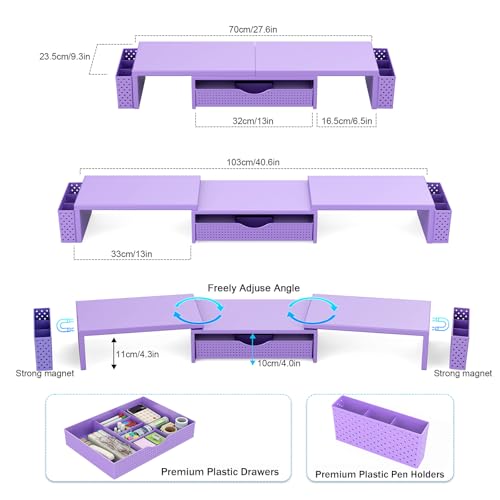 Spacrea Dual Monitor Stand Riser with Drawer and 2 Pen Holders - color: Purple
