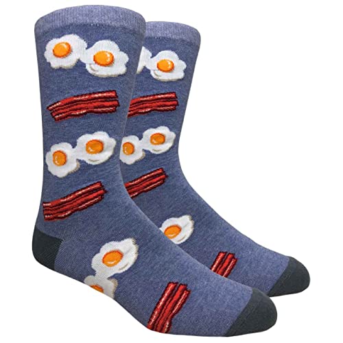 Urban Peacock Men's Novelty Fun Dress Socks Multiple Patterns/Multi-pair Options! - color: Bacon & Eggs - Heather Blue