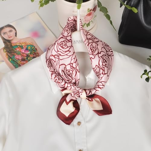 Women 100% Mulberry Silk Neck Scarf 21" Square Floral Neckerchief - color: Red Rose