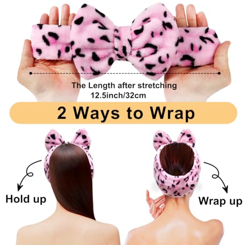 Shintop Women Fashion Lovely Soft Carol Fleece Bowknot Bow Makeup Cosmetic Shower Elastic Hair Band Hairlace Headband (Pink) - color: pink leopard