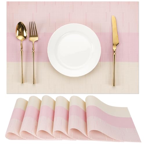 Placemats Set of 6, Vinyl Woven Heat-Resistant Place Mats - color: Beige Pink, size: Set of 6