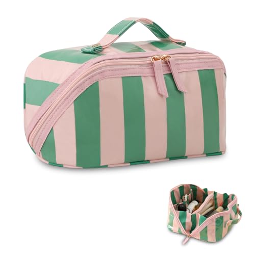 DYSHAYEN Travel Makeup Bag, Pink and Green Striped - color: Pink-Green