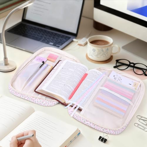 XKDOUS Bible Cover Case for Women Bible Bag Journaling Kit w/Study Supplies - color: Pink Flowers, size: Large