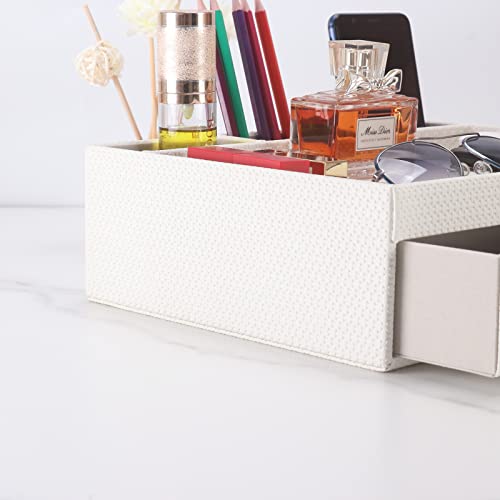 Leather Desk Organizer With Drawers, Home Cosmetics & Phone Remote Organizer, Drawer Plus Divider & Tray (white) - color: white