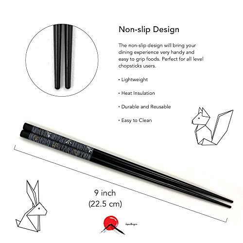 JapanBargain 5-Pair Bamboo Chopsticks Set, Dragonfly Japanese Design, Reusable Wooden Chop Sticks, 9 Inch, Dishwasher Safe, Eco-Friendly Utensils for Sushi Ramen Noodles Rice Bowls Asian Dining