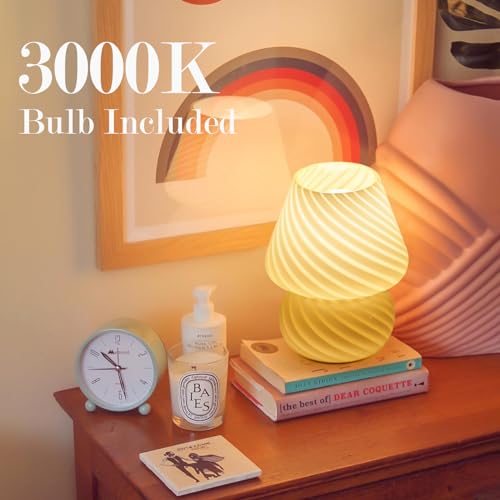 ONEWISH Mushroom Lamp-Small Bedside Table Lamp with Striped Glass, Nightstand Night Light for Bedroom Living Room, 3000K 6.5W Bulb Included, for Christmas Day, Creamy Yellow - color: Yellow