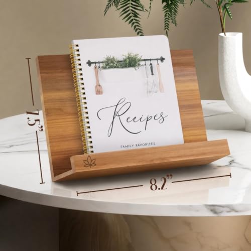 Acacia Cookbook Stand for Kitchen Counter – Adjustable Wooden Recipe Book Holder for Cookbooks, Recipe Binders & Tablets | Foldable Wood Book Stand with Bamboo Phone Holder | Gift-Ready Kitchen Set