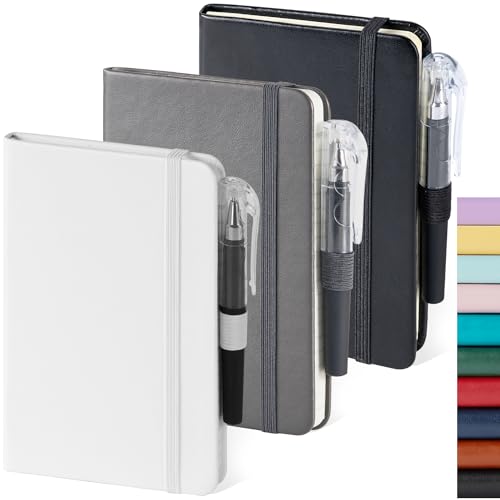 NIRMIRO Small Notebook Pocket Size Journal 3.7" x 5.7", 3 Pack, (White, Grey, Black), 408 Pages, A6 Mini Notepad with Pen, Small Leather Note Book, 100GSM Lined paper, Hardcover - color: Black_gray_white, size: A6