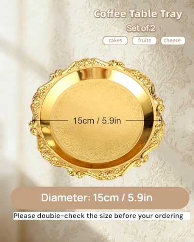 2PCS Coffee Table Tray 5.9in Round Decorative Tray Vintage Metal Dessert Plates for Snacks Fruit Gold - color: Gold, size: 5.9 in