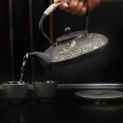 Ufine Koi Fish Cast Iron Teapot Set Stove Top 26 oz Tea Kettle with 4 Cups - color: Koi Fish