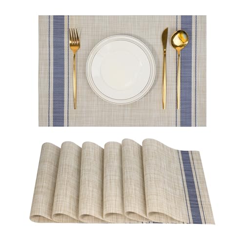 Placemats Set of 6，Non-Slip PVC Weave Table Mats Easy to Clean，Heat Resistant Place Mats for Kitchen Dining Table Decoration Indoor Outdoor，Khaki Blue - color: Khaki Blue