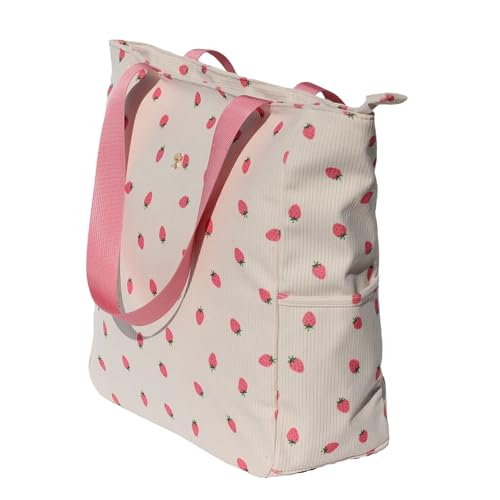 ESVAN Original Floral Water Resistant Large Tote Bag Shoulder Bag for Gym Beach Travel Daily Bags Upgraded - color: Corduroy Pink Strawberry