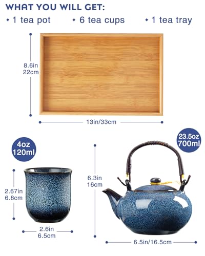 DUJUST Japanese Tea Set for 6, Kiln Altered Glaze Porcelain Tea Set with 1 Teapot, 6 Tea Cups & 1 Tea Tray, Unique Chinese Tea Sets for Adults/Tea Lovers/Women/Men, Blue - color: Teasets - Blue