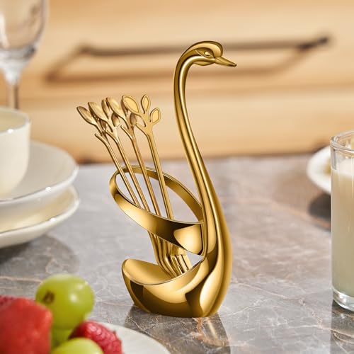 AnSaw Gold Swan Base Holder Set with 10-pcs Mini Leaf Dessert Forks-4.7" - color: Gold Swan