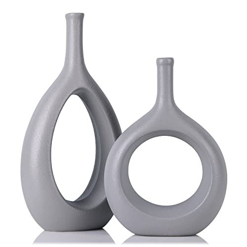 Gray Ceramic Hollow Elliptical Vase Set of 2 - Boho Circle Vase with Hole, for Modern Grey Table Decor, Living Room Decor Shelf mid Century Modern Home Entrance Decorative vase - color: Gray