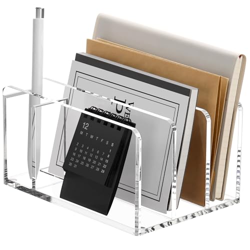 SANRUI Acrylic Mail Sorter Desk Organizer with Pen Holder, 3 Compartments - size: 3 Compartments with Pen Holder