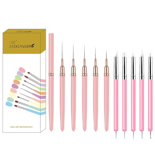 10Pcs Nail Art Tool Set, 5Pcs Ultra-Fine Nail Art Liner Brushes & 5Pcs Dual-Ended Silicone Dotting Pens, Precision Nail Art Painting Pens for Intricate Lines, Dots, Patterns & Salon DIY Manicure - color: Liner Brush & Silicone Pens
