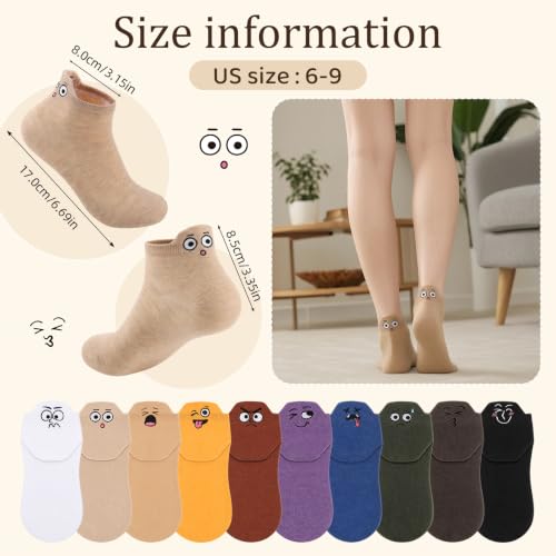 10 Pairs Cute Kawaii Embroidered Low Cut Ankle Socks - color: Muted Neutral Wide-eyed Face