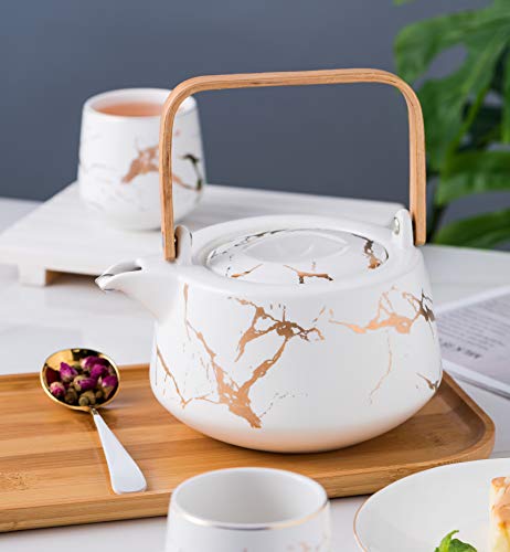 Serve of 4-Marble Porcelain Teapot Set with Infuser for Loose Tea, White - color: White