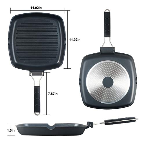 S·KITCHN Grill Pan with Folding Handle, Nonstick Grilling Pan for Stove Tops, Induction Compatible Square BBQ Pan with Pour Spouts - 11 in - size: 11 IN