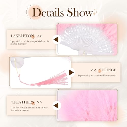 whitefeather Vintage Feather Hand Fan, 17.7 x 11.8 inches, Marabou Feathers, 1920s Style for Costume Parties, Tea Parties - color: Pink