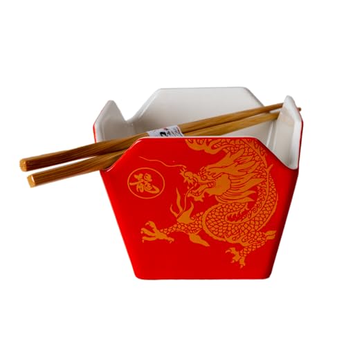 Urban Tokyo Chinese Takeout Box Style Porcelain Bowl With Chopsticks 18 fl oz Square Shape Rice Noodles Pasta To Go Box Shaped Bowl Microwave Dishwasher Safe (Red Dragon) - color: Red Dragon