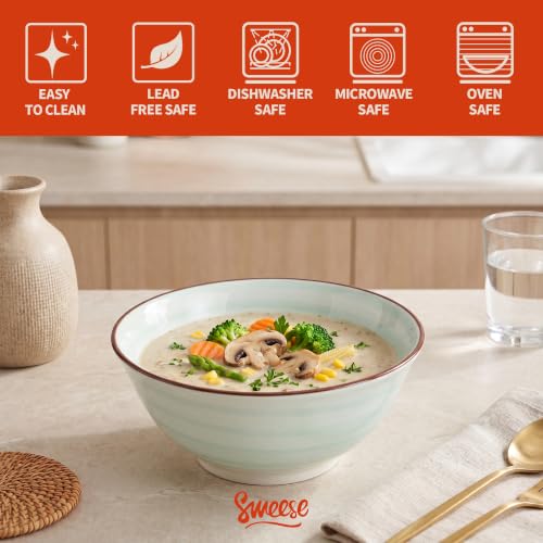 Sweese 18 oz Ceramic Soup Bowls Set of 6, Blue Pasta Bowls for Ramen, Salad, Noodles, Cereal and Soup, Stackable Serving Bowls for Everyday Meals - color: New Blue, size: 18oz (Large)