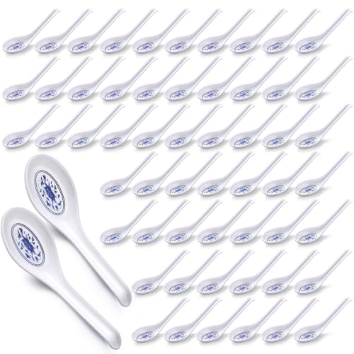 Hushee 100 Pcs Asian Soup Spoon Large Chinese Noodle Ramen Reusable Japanese Pho Spoon Bulk with Hook for Home Restaurant - style: Elegant