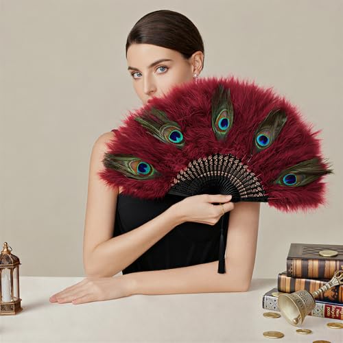 BABEYOND 1920s Marabou Feather Folding Hand Fan Vintage Wedding Party Decor - color: Peacock Dark Red