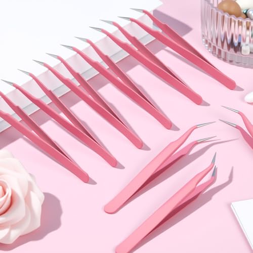 Honoson 9 Pcs Curved Pointed Craft Tweezers Precision Tweezer,Pink - color: Pink